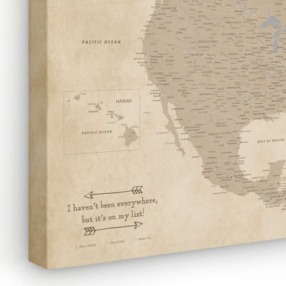 Vintage North America canvas push pin travel map gallery wrapped showing aged sepia tones with quote