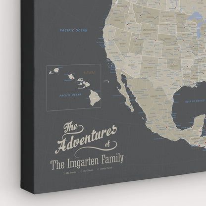Personalized earth toned North America travel map on gallery wrapped canvas with custom family name and Hawaii inset