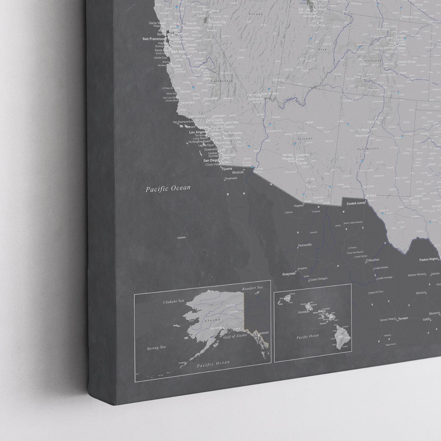 Stormy Dreams USA canvas travel map showing Pacific coast detail with charcoal ocean tones and Alaska Hawaii insets
