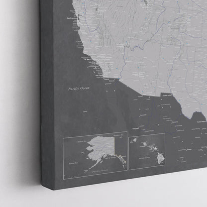 Stormy Dreams USA canvas travel map showing Pacific coast detail with charcoal ocean tones and Alaska Hawaii insets