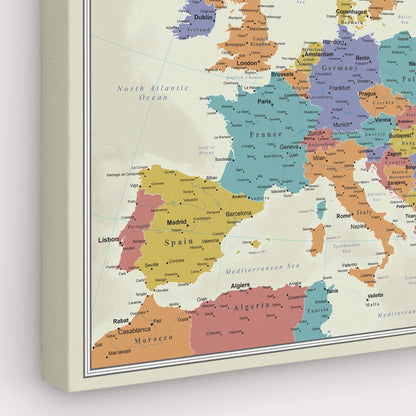 Gallery Wrapped - Tan Oceans Europe Travel Map with Pins - Square Style
