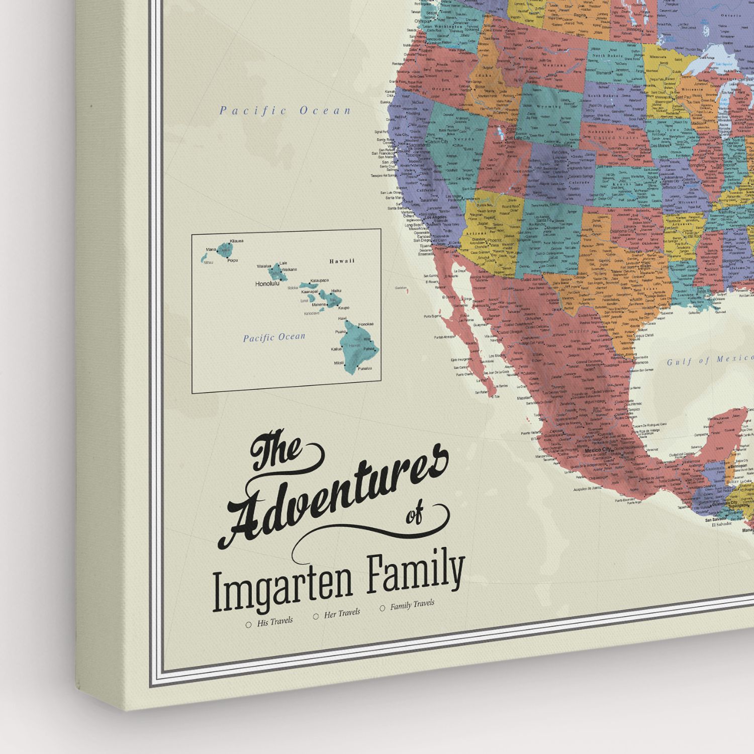 Gallery Wrapped - Tan Oceans North America Travel Map with Pins