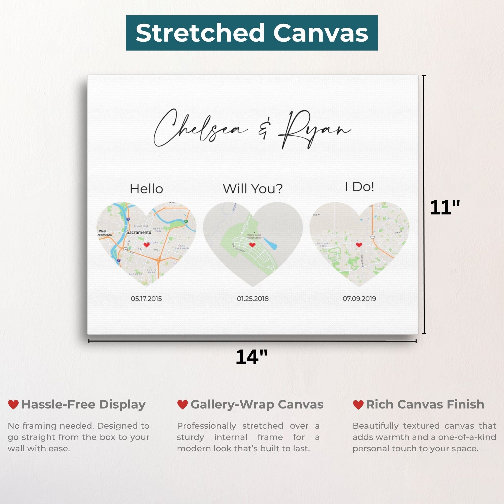 3 Heart Map Art | Where We Met Map | Hello, Will You, I Do | Option 1