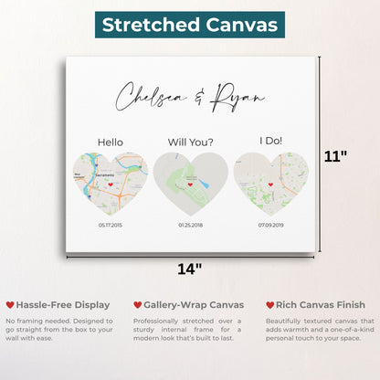 3 Heart Map Art | Where We Met Map | Hello, Will You, I Do | Option 1