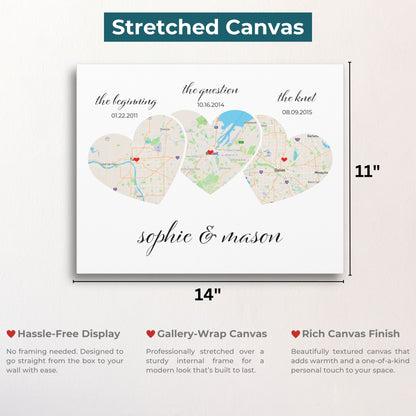 Relationship Map Wall Art | 3 Heart Couple Map | Option 2