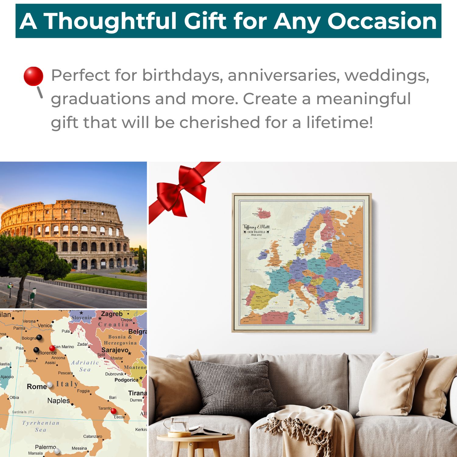 Gallery Wrapped - Tan Oceans Europe Travel Map with Pins - Square Style