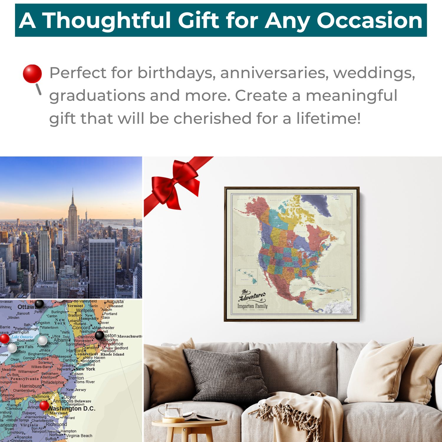 Gallery Wrapped - Tan Oceans North America Travel Map with Pins