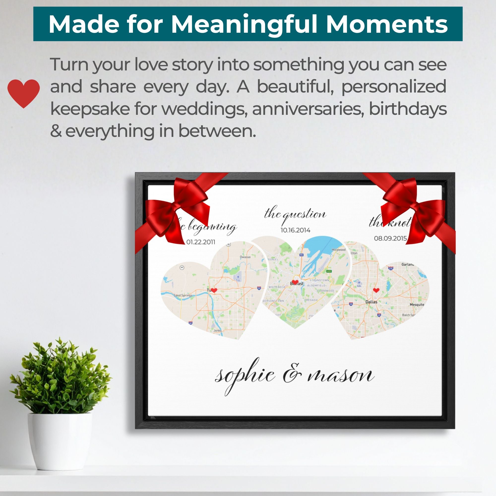 Relationship Map Wall Art | 3 Heart Couple Map | Option 2