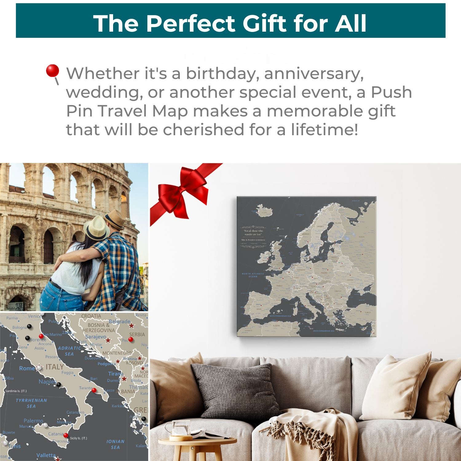 Gallery Wrapped - Earth Toned Europe Travel Map with Pins - Square Style