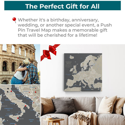 Gallery Wrapped - Earth Toned Europe Travel Map with Pins - Square Style