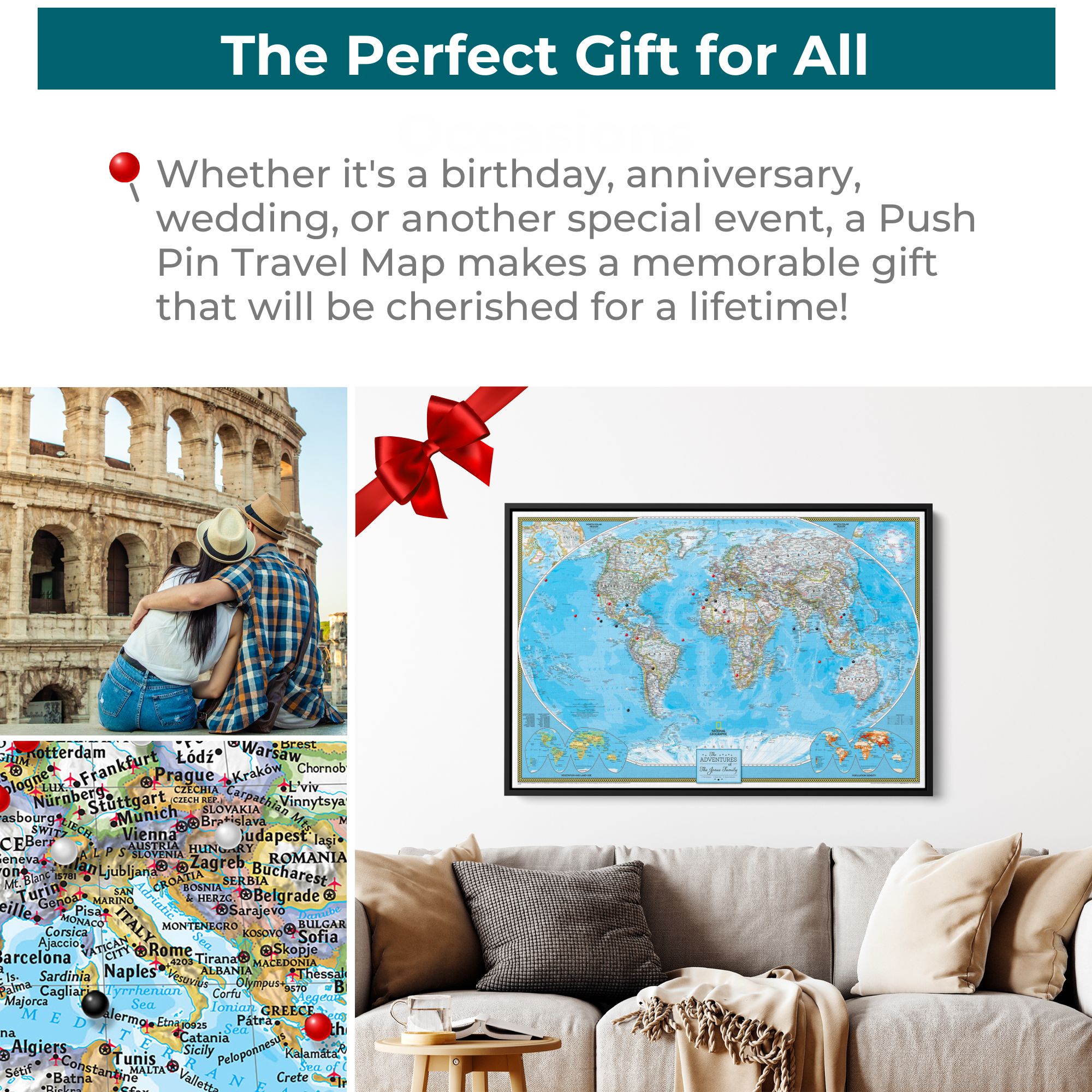 Framed classic world push pin travel map with red bow displayed above living room sofa as perfect gift