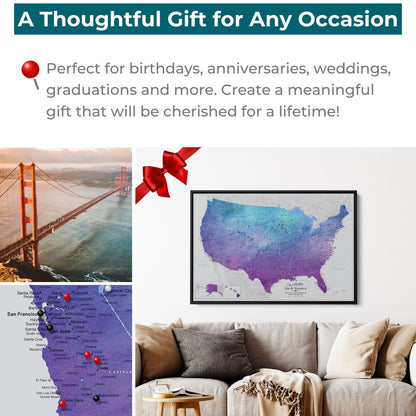 Vibrant Violet Watercolor USA Push Pin Map framed on wall above couch thoughtful gift occasion