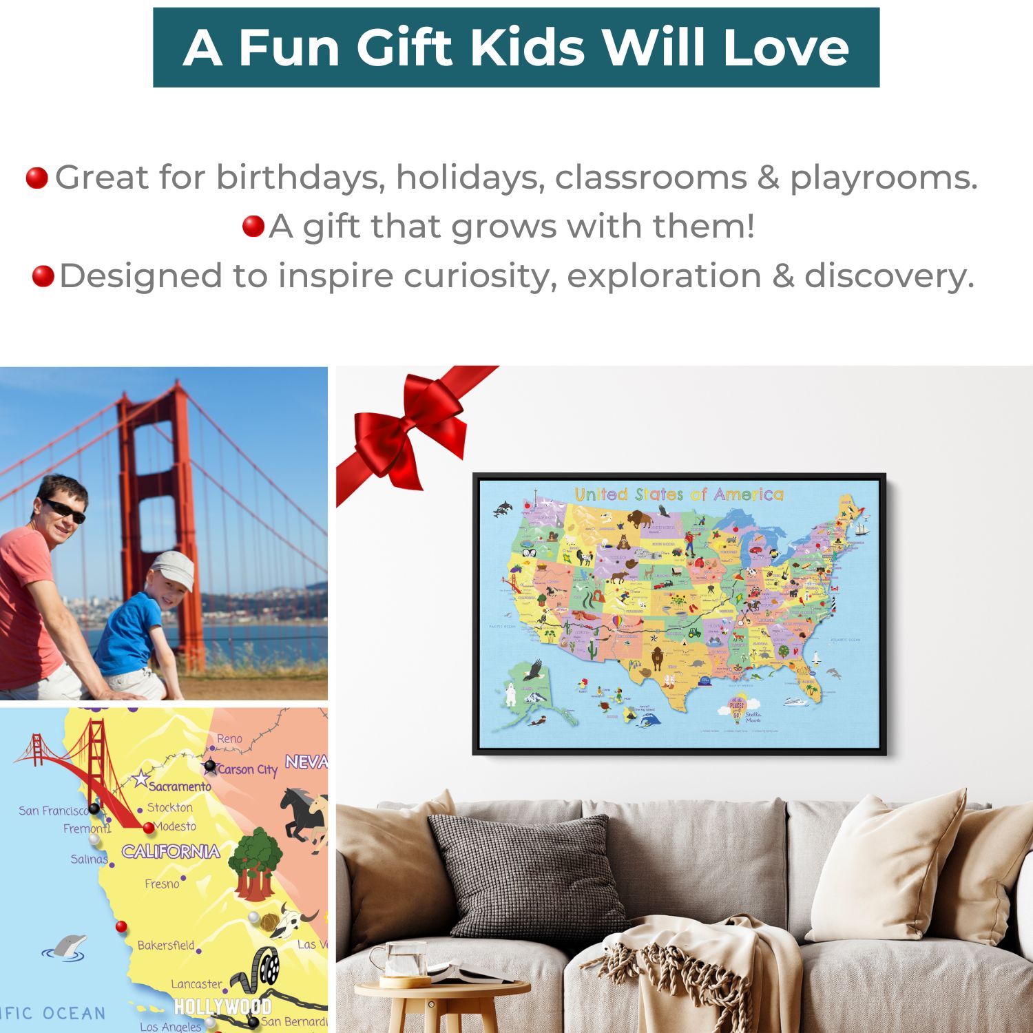 Gallery Wrapped - Kids USA Travel Map with pins