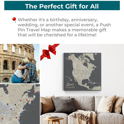Personalized earth toned North America push pin travel map on gallery wrapped canvas displayed above couch as gift idea