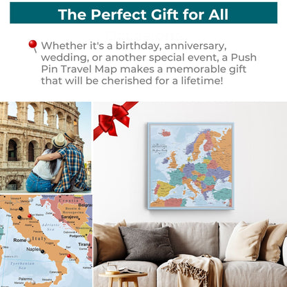 Personalized framed canvas Blue Oceans Europe travel map with push pins displayed above a cozy living room sofa