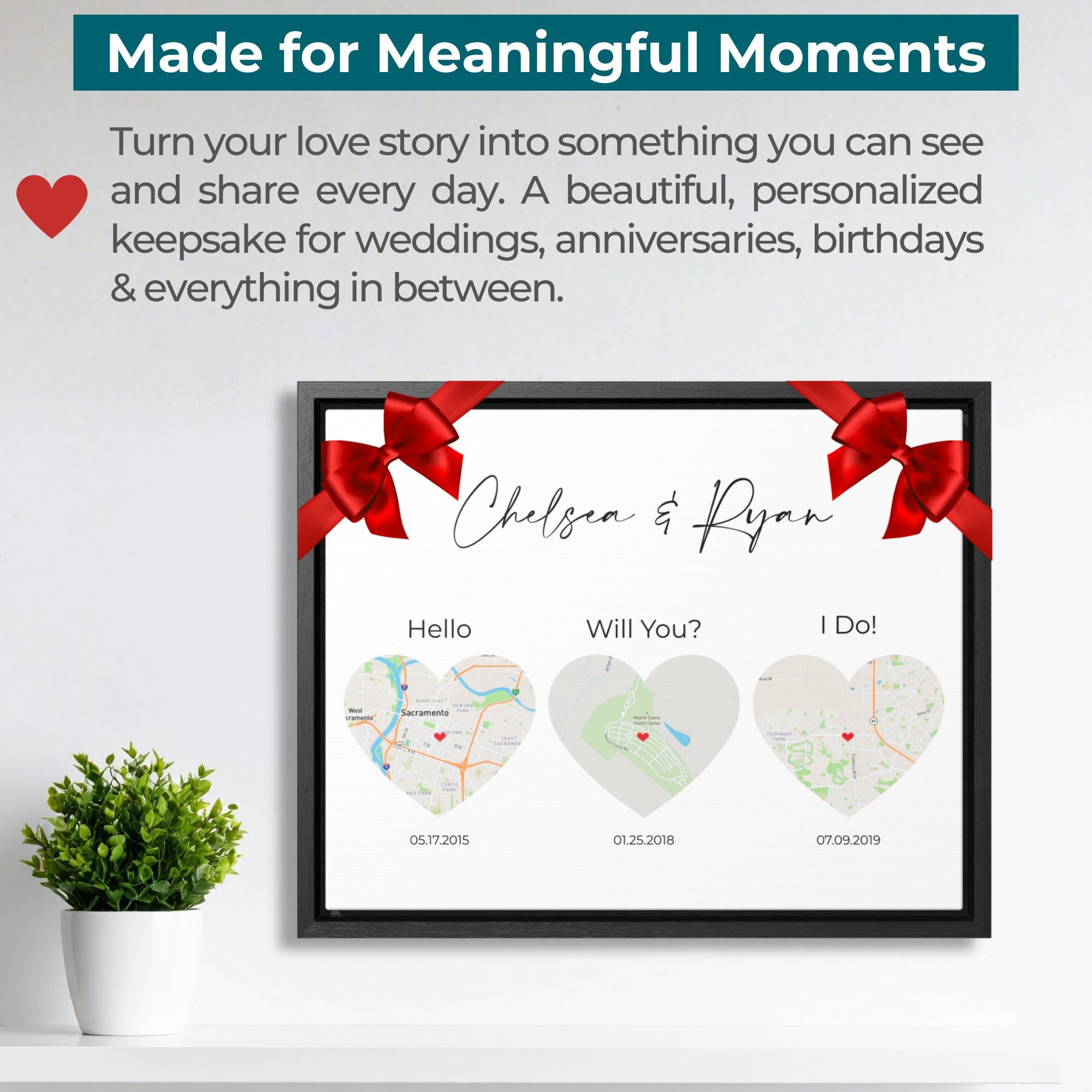 3 Heart Map Art | Where We Met Map | Hello, Will You, I Do | Option 1