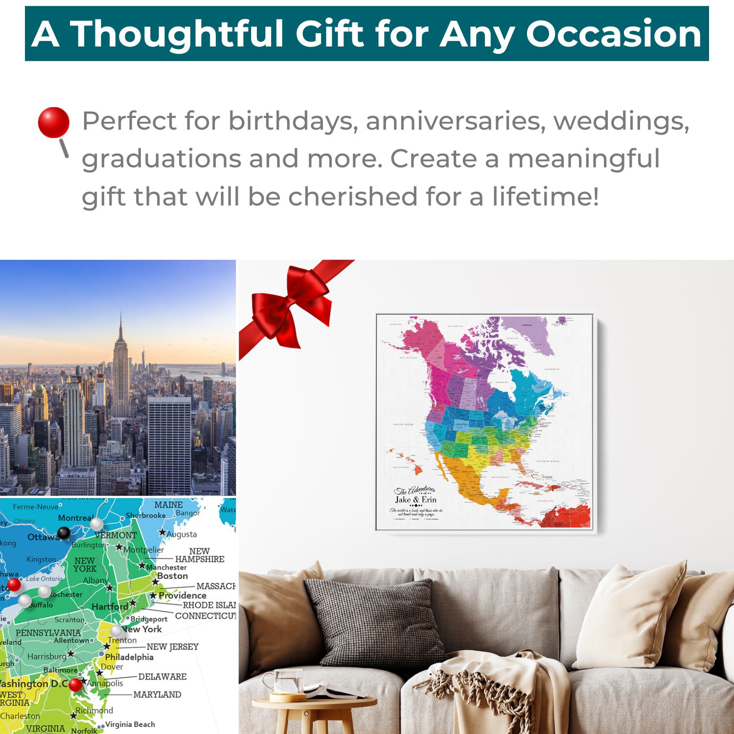 Gallery Wrapped - Colorful North America Travel Map with pins