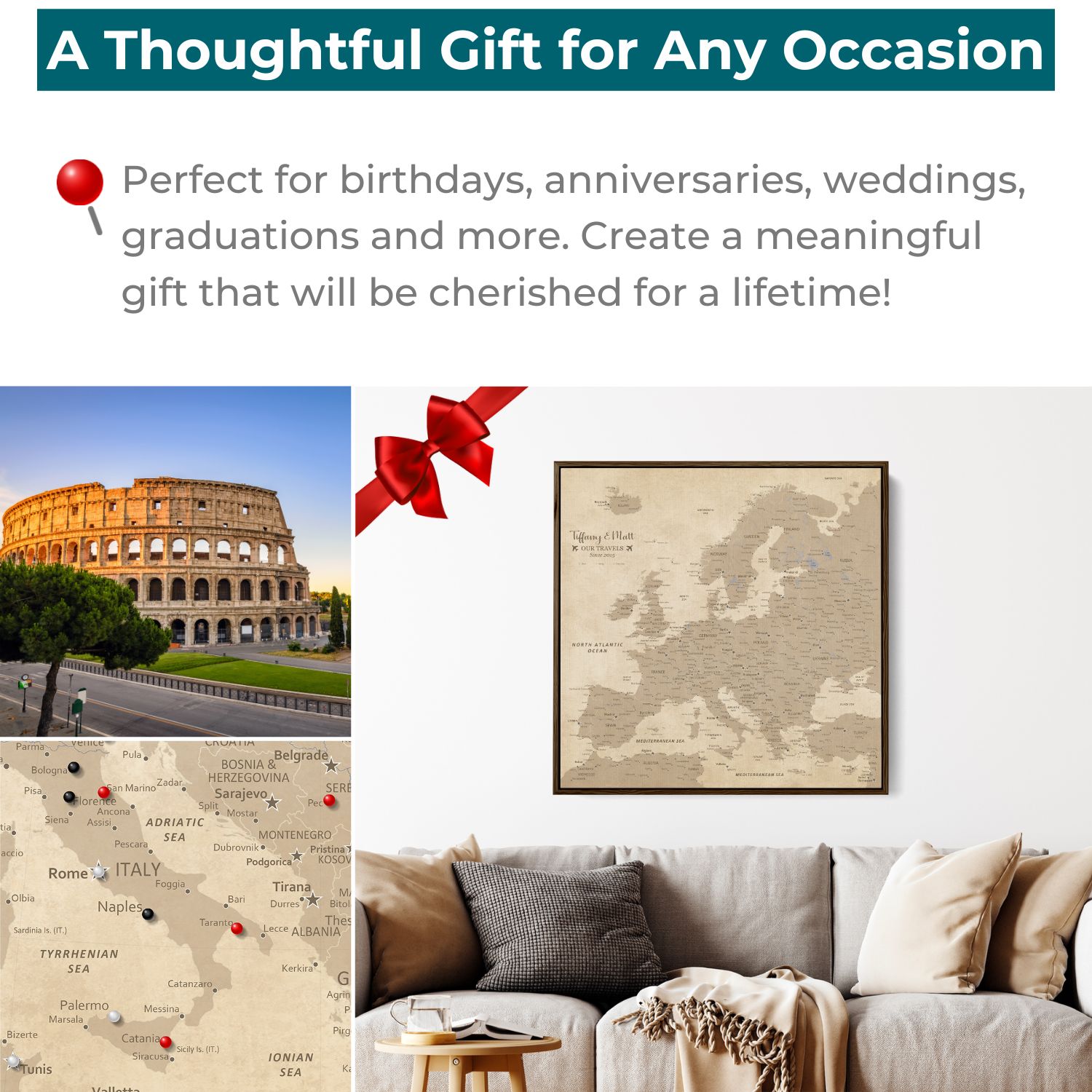 Gallery Wrapped - Vintage Europe Travel Map with Pins - Square Style