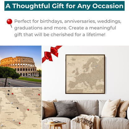 Gallery Wrapped - Vintage Europe Travel Map with Pins - Square Style