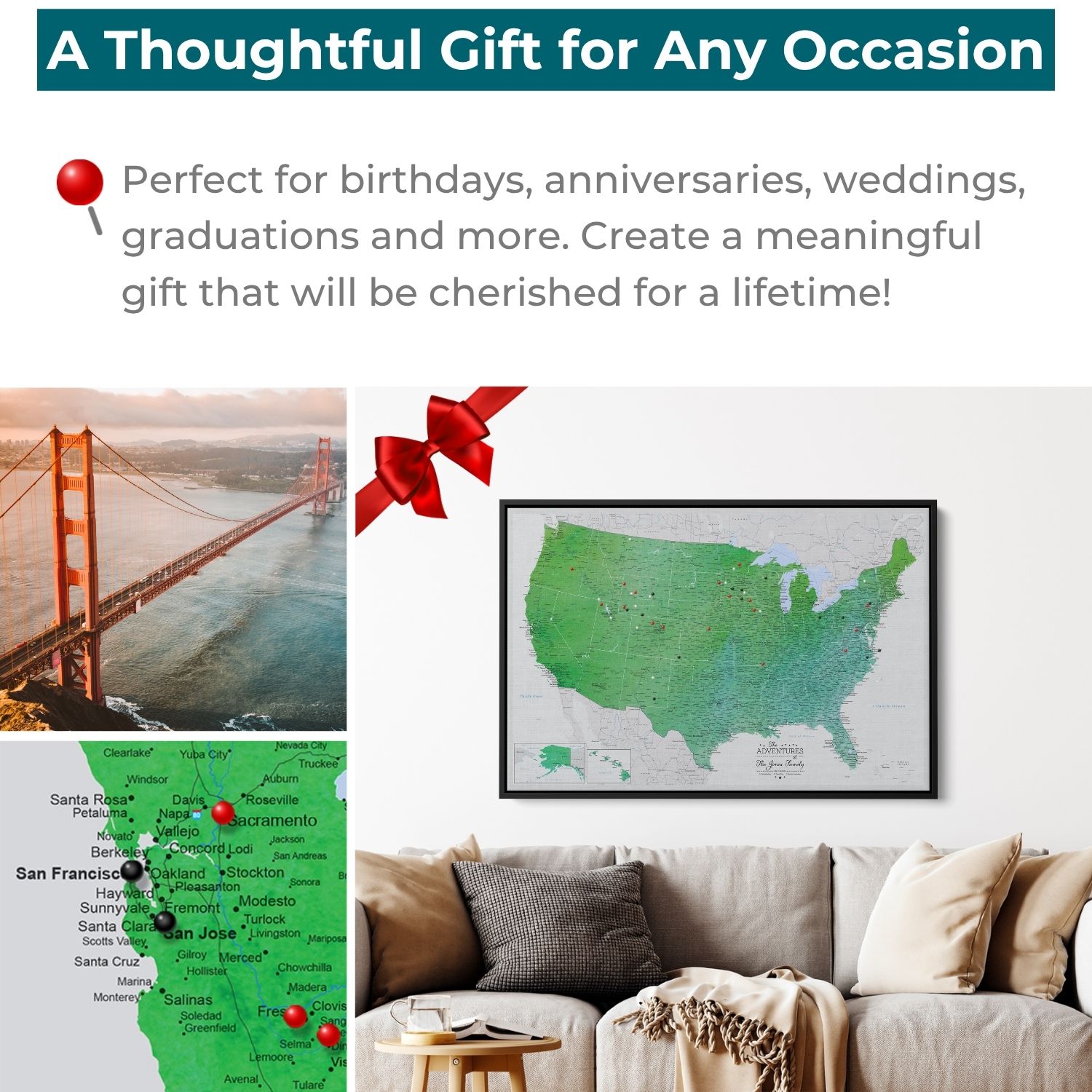 Gallery Wrapped - Enchanting Emerald Watercolor US Travel Map with pins