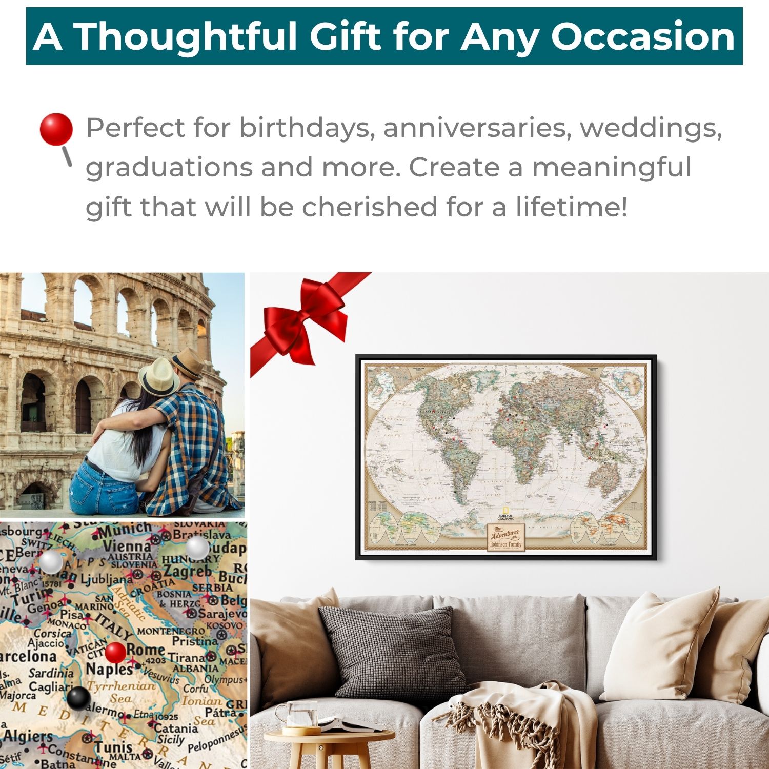 Framed Executive World Travel Map with pins displayed above living room sofa, perfect personalized gift