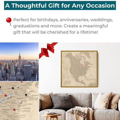 Vintage North America travel map canvas in gold frame displayed above living room sofa as thoughtful gift