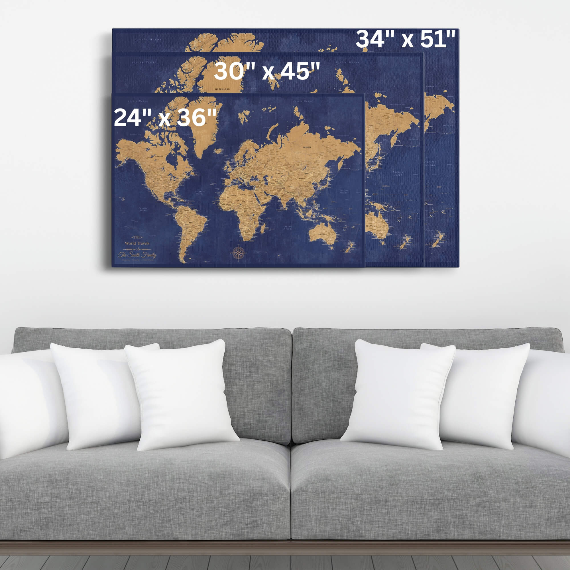 Gold & Navy World Push Pin Map | Stretched Canvas World Map with