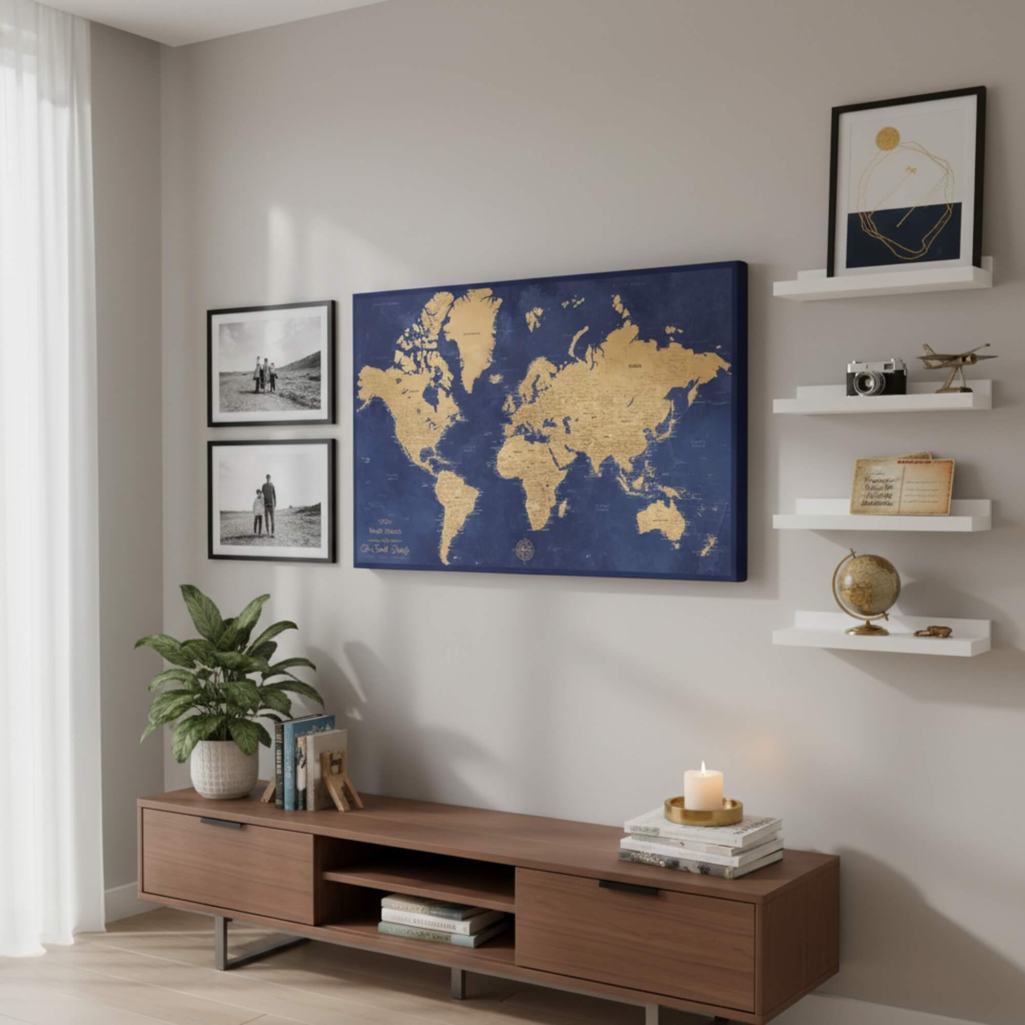 Gold & Navy World Push Pin Map | Stretched Canvas World Map with