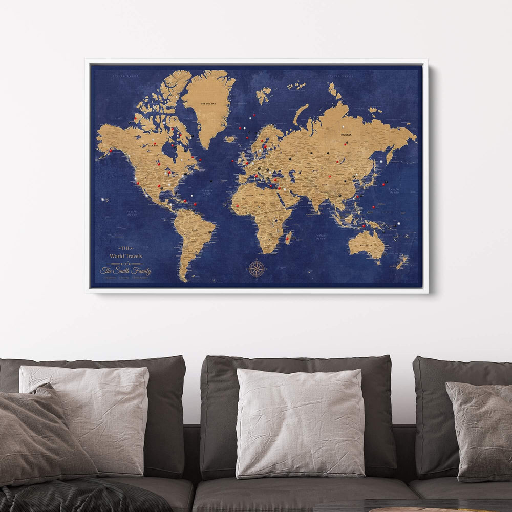 Canvas Gold & Navy Pinboard Map | Framed World Wall Map with Pins ...