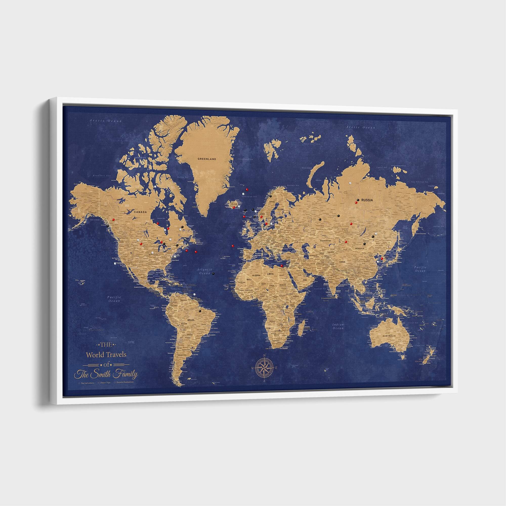 Canvas - Gold & Navy World Travel Map with pins