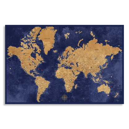 Gold & Navy World Map Rolled Canvas Poster 