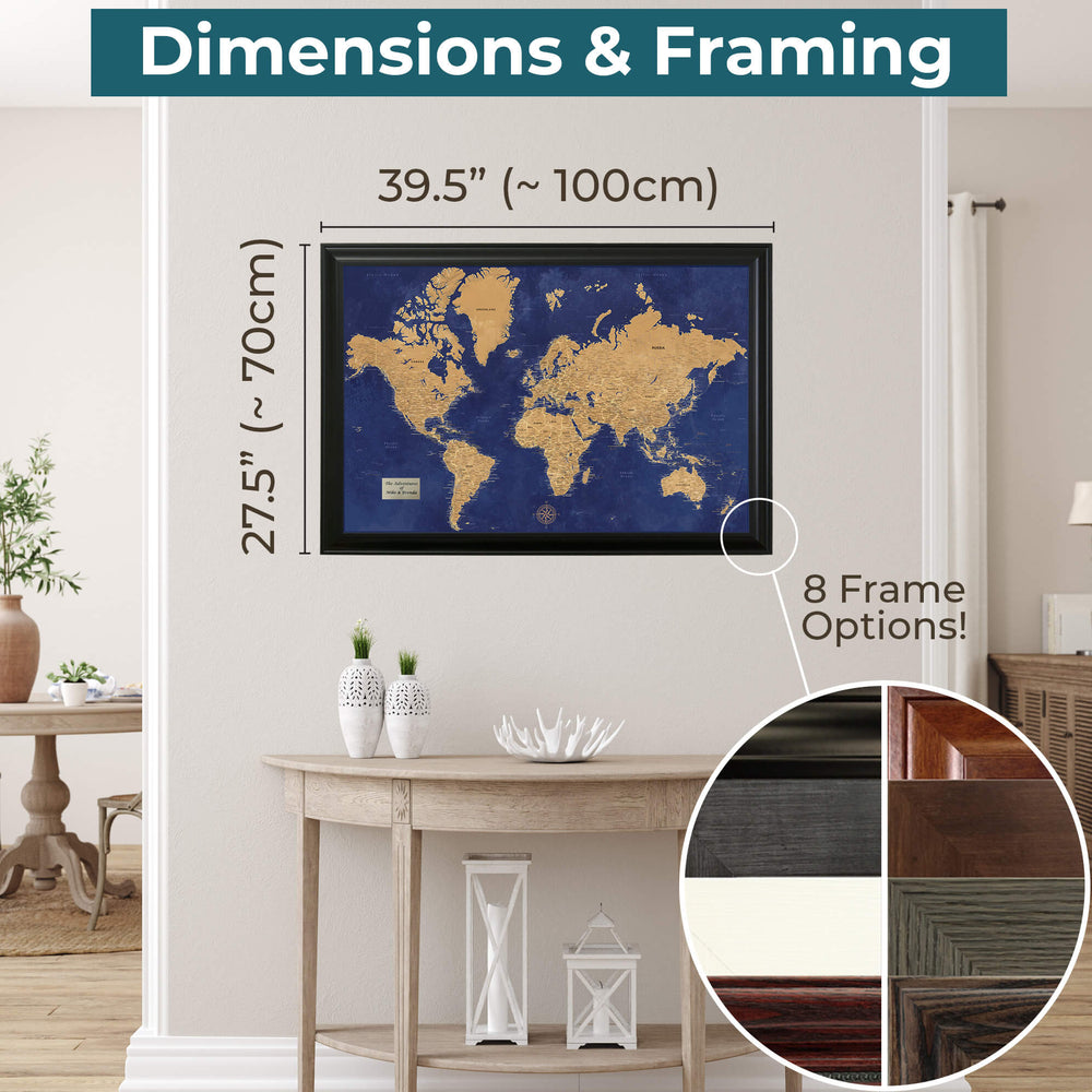 Canvas Gold & Navy Pinboard Map | Framed World Wall Map with Pins ...