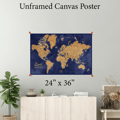 24x36" Gold & Navy World Map Rolled Canvas Poster 