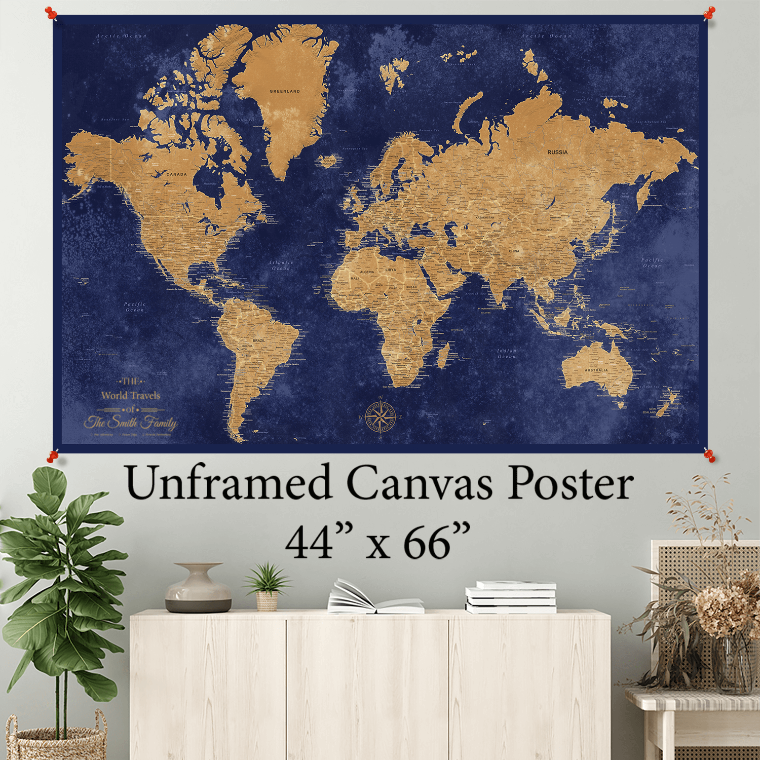 44x66" Gold & Navy World Map Rolled Canvas Poster 