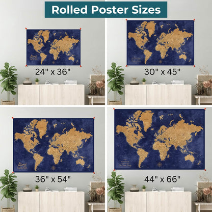 Gold & Navy World Map Rolled Canvas Poster Size Comparison
