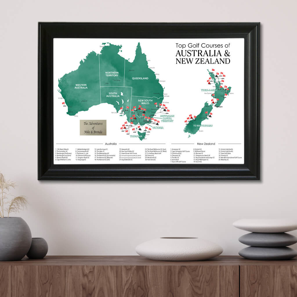 Top Golf Courses of New Zealand and Australia Push Pin Wall Map in Black Frame