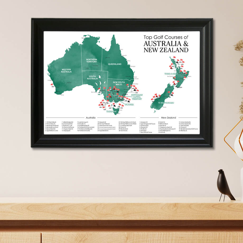 Top Golf Courses of Australia and New Zealand Canvas Push Pin Map in Black Frame
