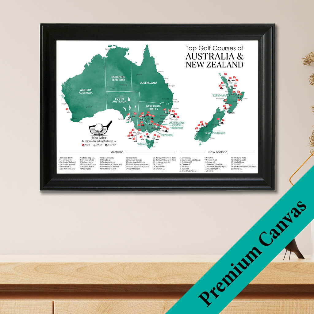 Top Golf Courses of Australia and New Zealand Canvas Push Pin Map with Pins