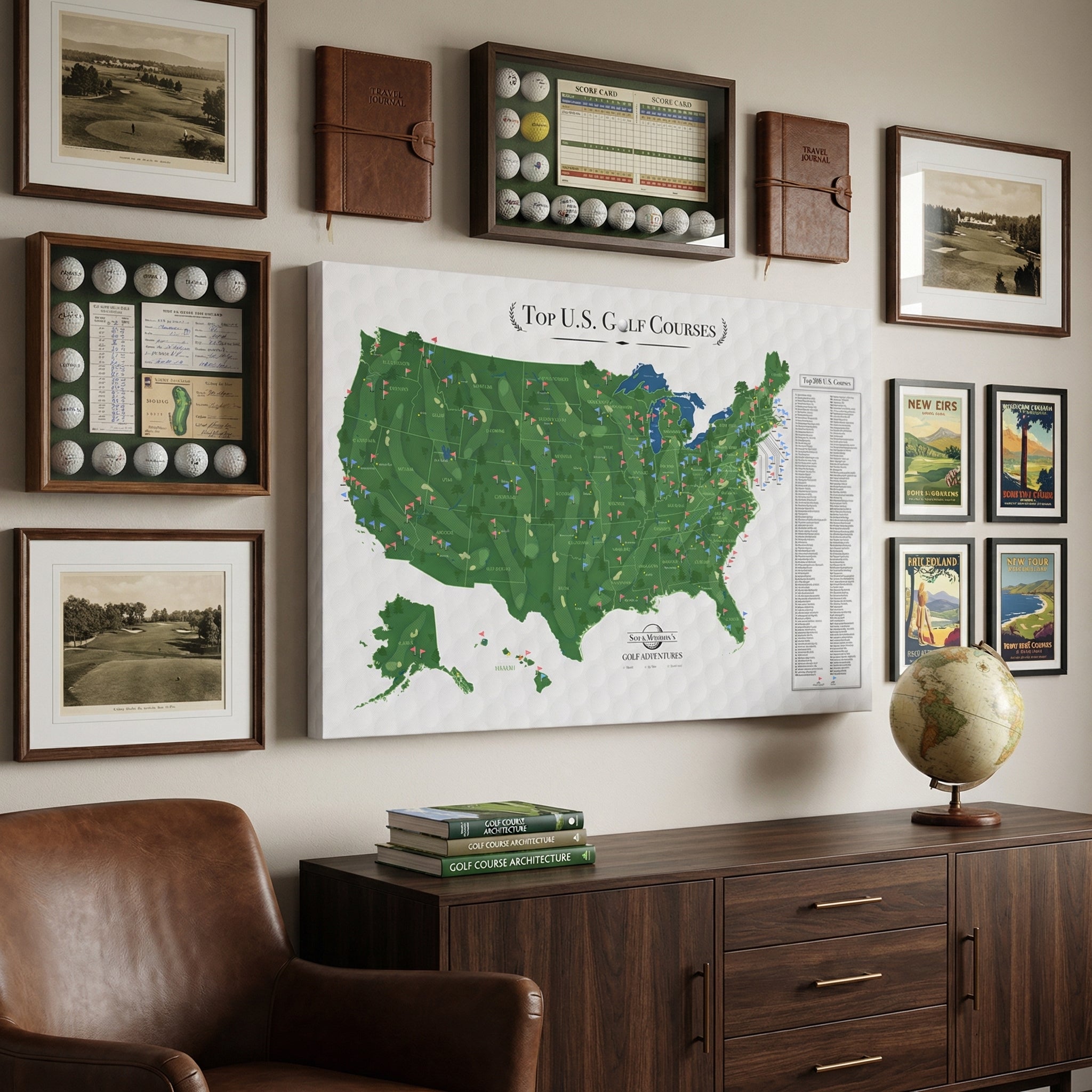Gallery wrapped Top US Golf Courses canvas map displayed in modern golf-themed living room with clubs and putting mat