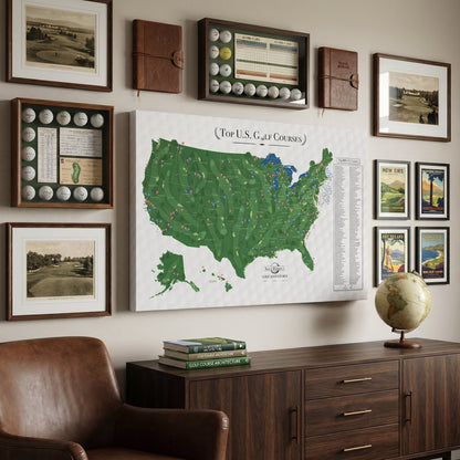 Gallery wrapped Top US Golf Courses canvas map displayed in modern golf-themed living room with clubs and putting mat