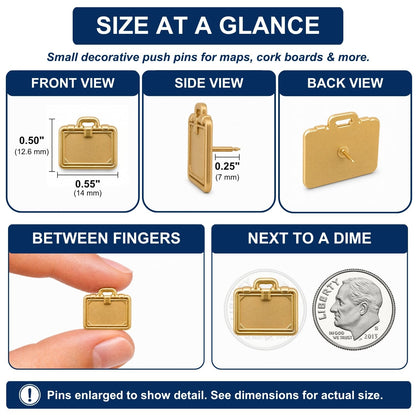 Gold briefcase push pin size comparison chart showing front, side, back views and dime scale reference