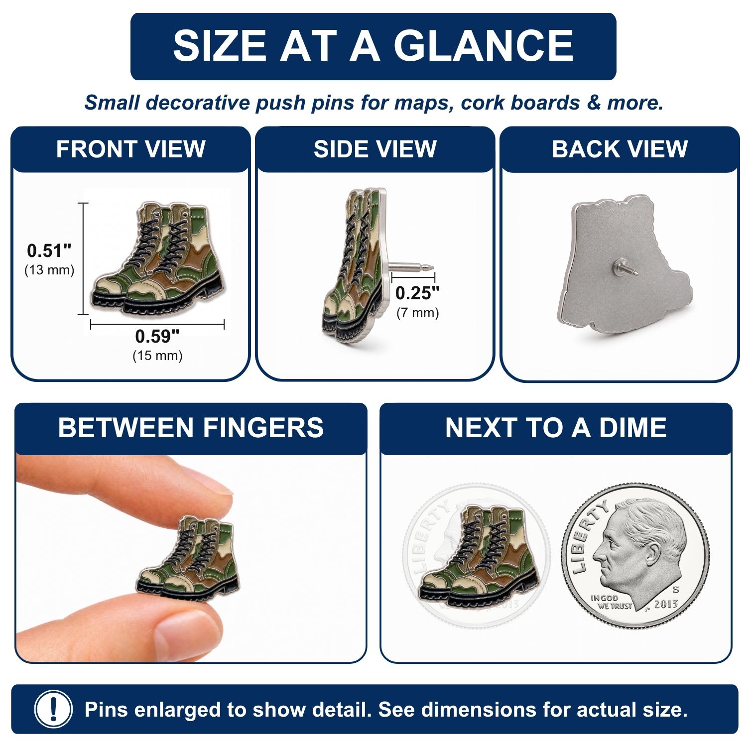 Military Push Pins - Camo Combat Boots Map & Lapel Pins