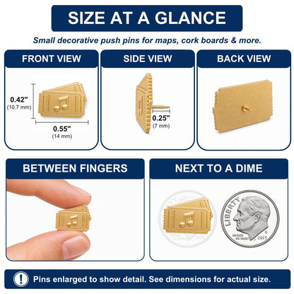 Gold concert ticket push pin size comparison chart showing front, side, back views with dimensions and dime scale reference