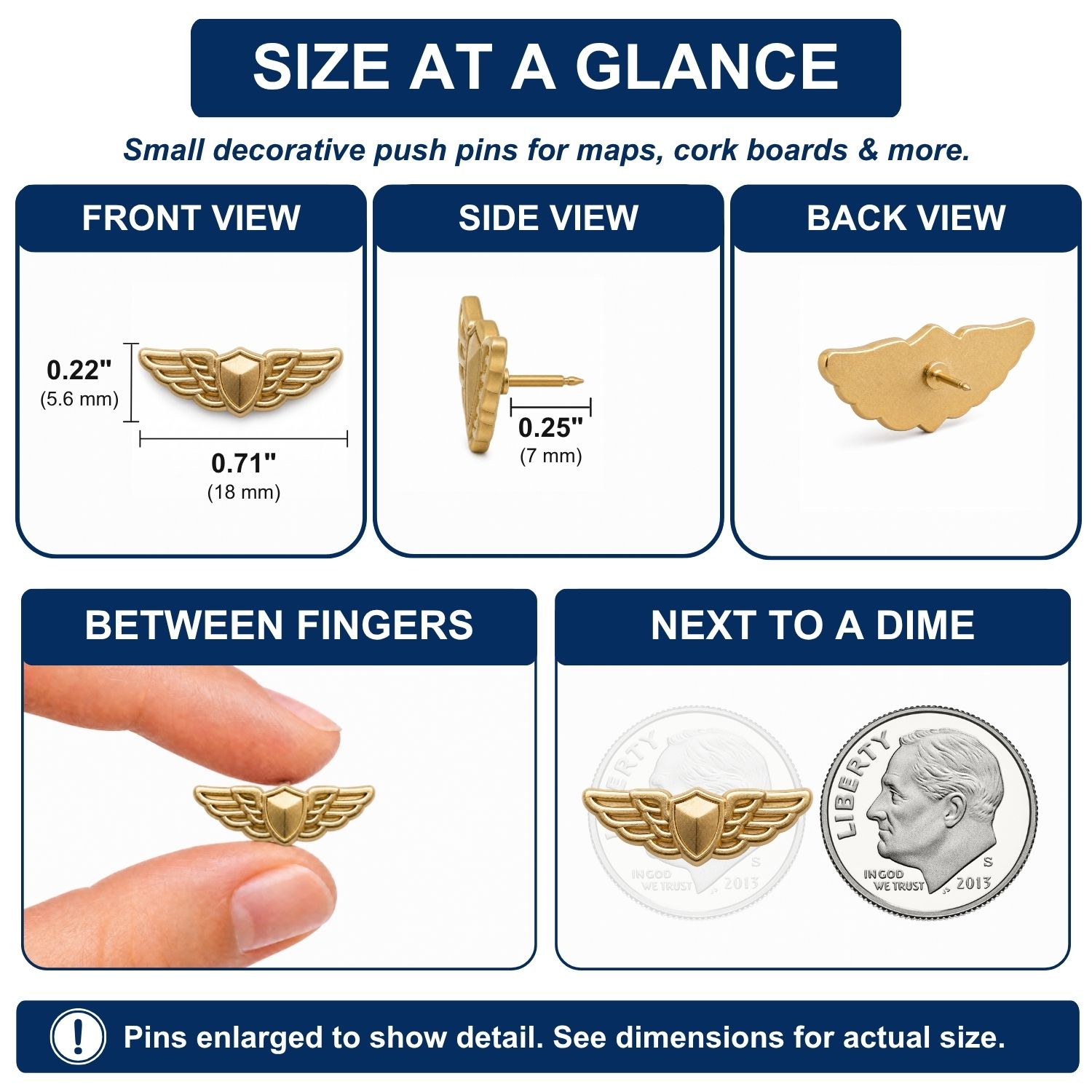 Gold pilot wings push pins size comparison chart showing front, side, back views and dime scale reference