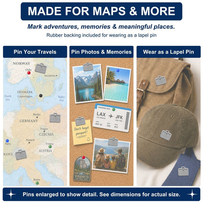Silver briefcase push pins used on Europe travel map, cork board, and as lapel pin on hat and bag