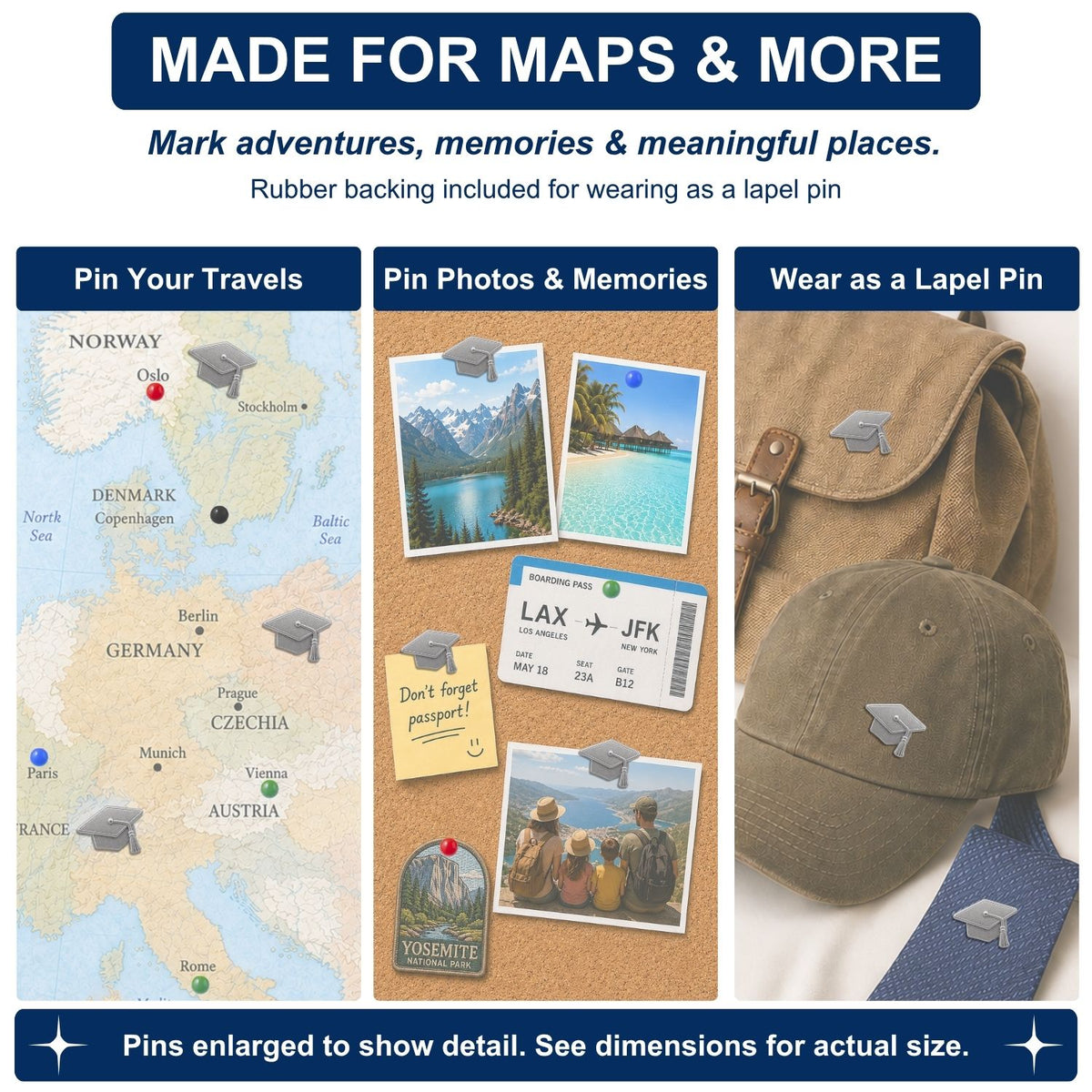 Silver graduation cap push pins used on travel map, cork board photos, and as lapel pin on hat and bag