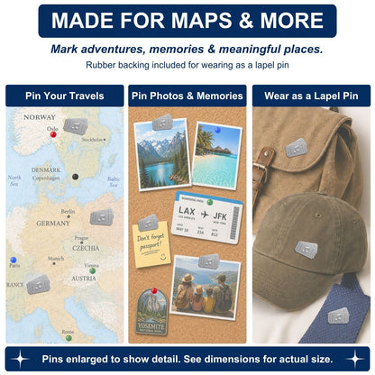 Silver concert ticket push pins used on Europe travel map, cork board photos, and as lapel pins on hat and bag