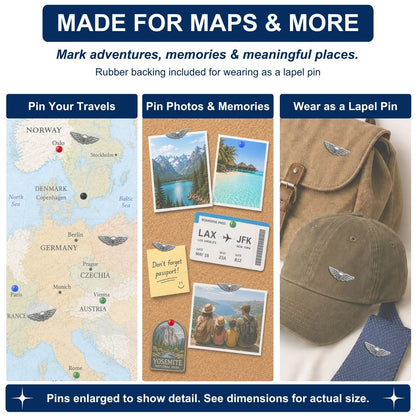 Silver pilot wings push pins used on Europe travel map, cork board photos, and khaki hat lapel pin