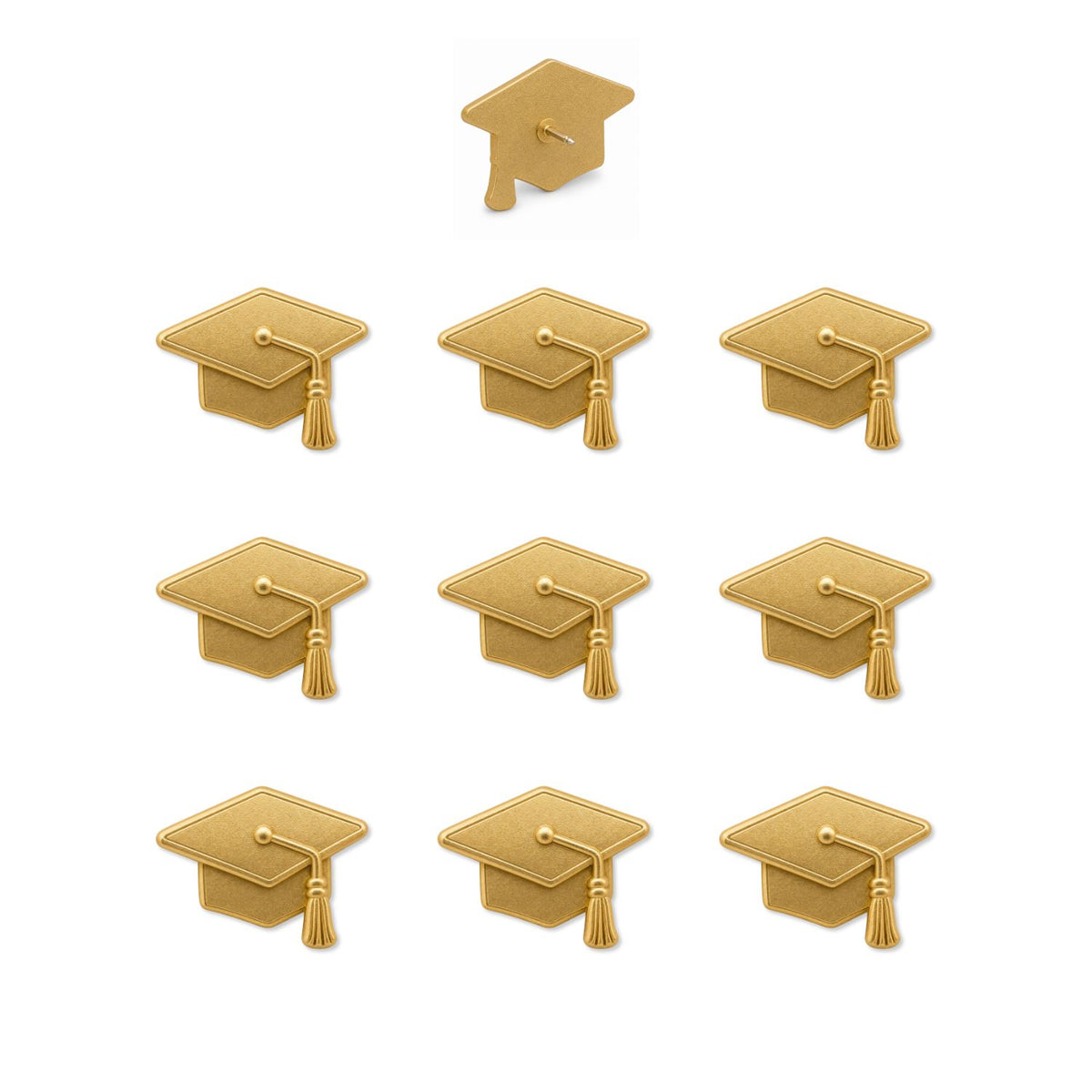 Set of ten matte gold graduation cap push pins with 3D mortarboard and tassel detail