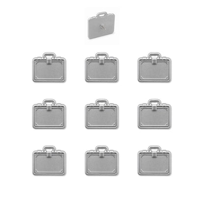 Ten silver metal briefcase push pins arranged in grid, one shown with pin backing on white background